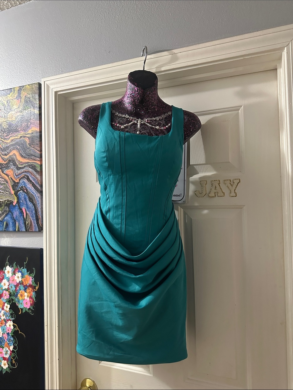 Sleeveless Teal Draped Mini Dress